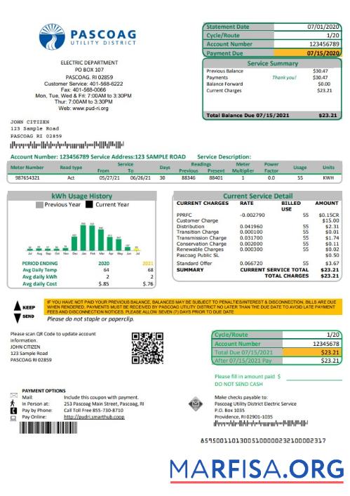 Blank USA Rhode Island Pascoag Utility District utility bill template in Word and PDF format